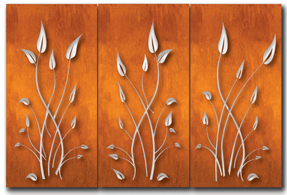 Outdoor metal privacy panels rust-orange 3-panel set with white vine cutouts Rustica Ornamentals on Tampa Home & Garden Store