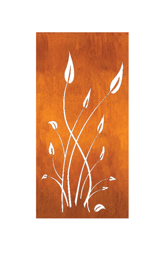 Outdoor metal privacy screen panel with rust-orange finish and white botanical cutout design on Tampa Home & Garden Store