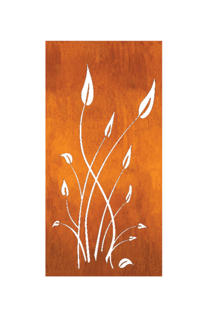 Outdoor metal privacy screen panel with rust-orange finish and white botanical cutout design on Tampa Home & Garden Store