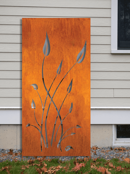 Outdoor metal wall art panel with rust finish and grey leaf silhouettes, Rustica Ornamentals on Tampa Home & Garden Store