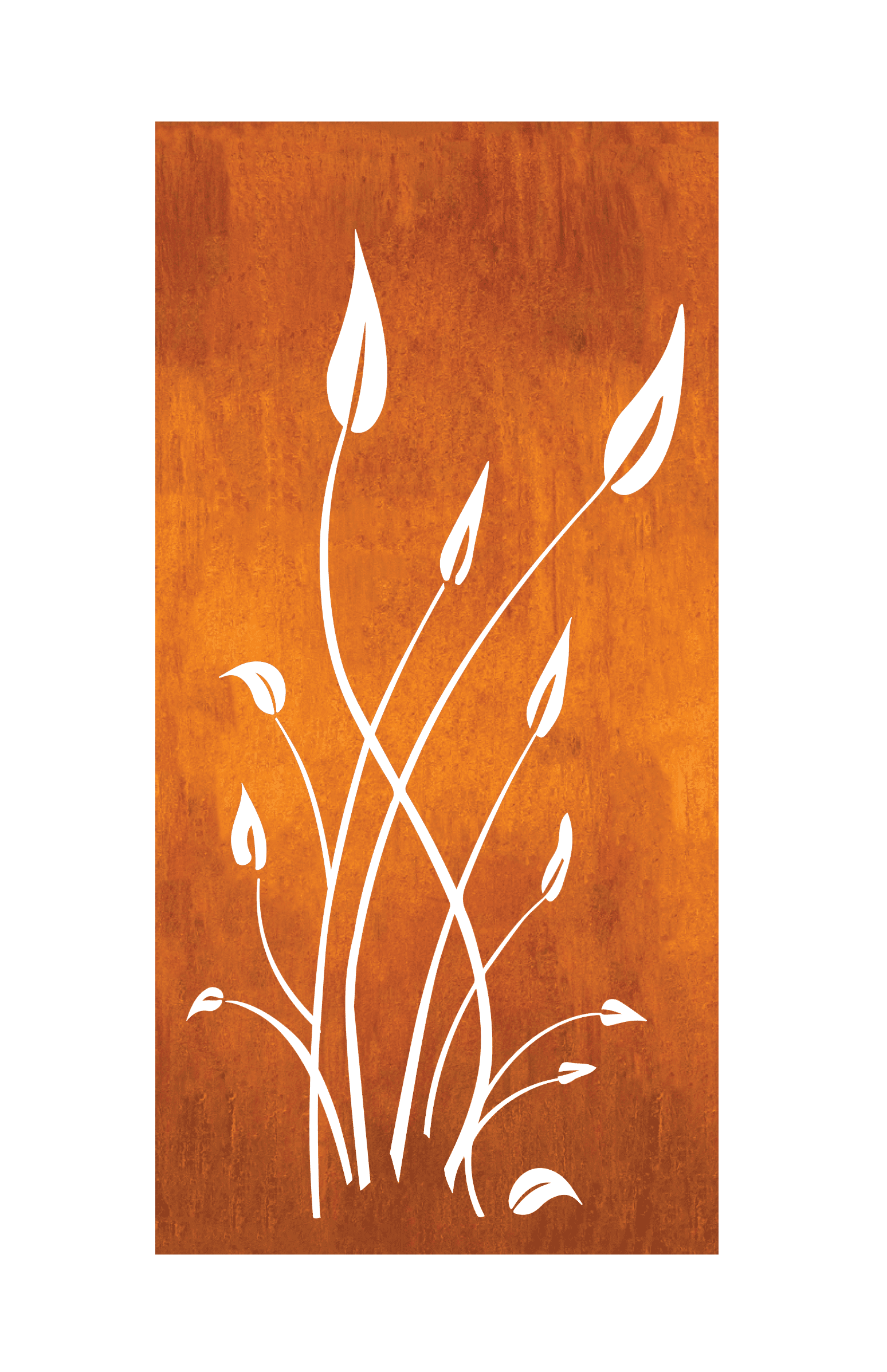 Outdoor metal wall art panel in rust-orange finish with white leaf silhouettes 46-inch Rustica Ornamentals on Tampa Home & Garden Store