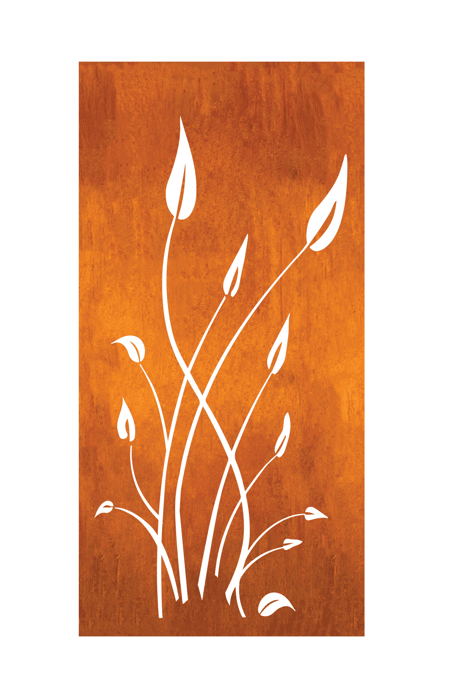 Outdoor metal privacy panel Rustica Ornamentals, rusted finish with black botanical cutout on Tampa Home & Garden Store