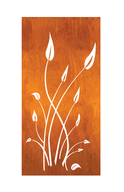 Outdoor metal privacy panel Rustica Ornamentals, rusted finish with black botanical cutout on Tampa Home & Garden Store