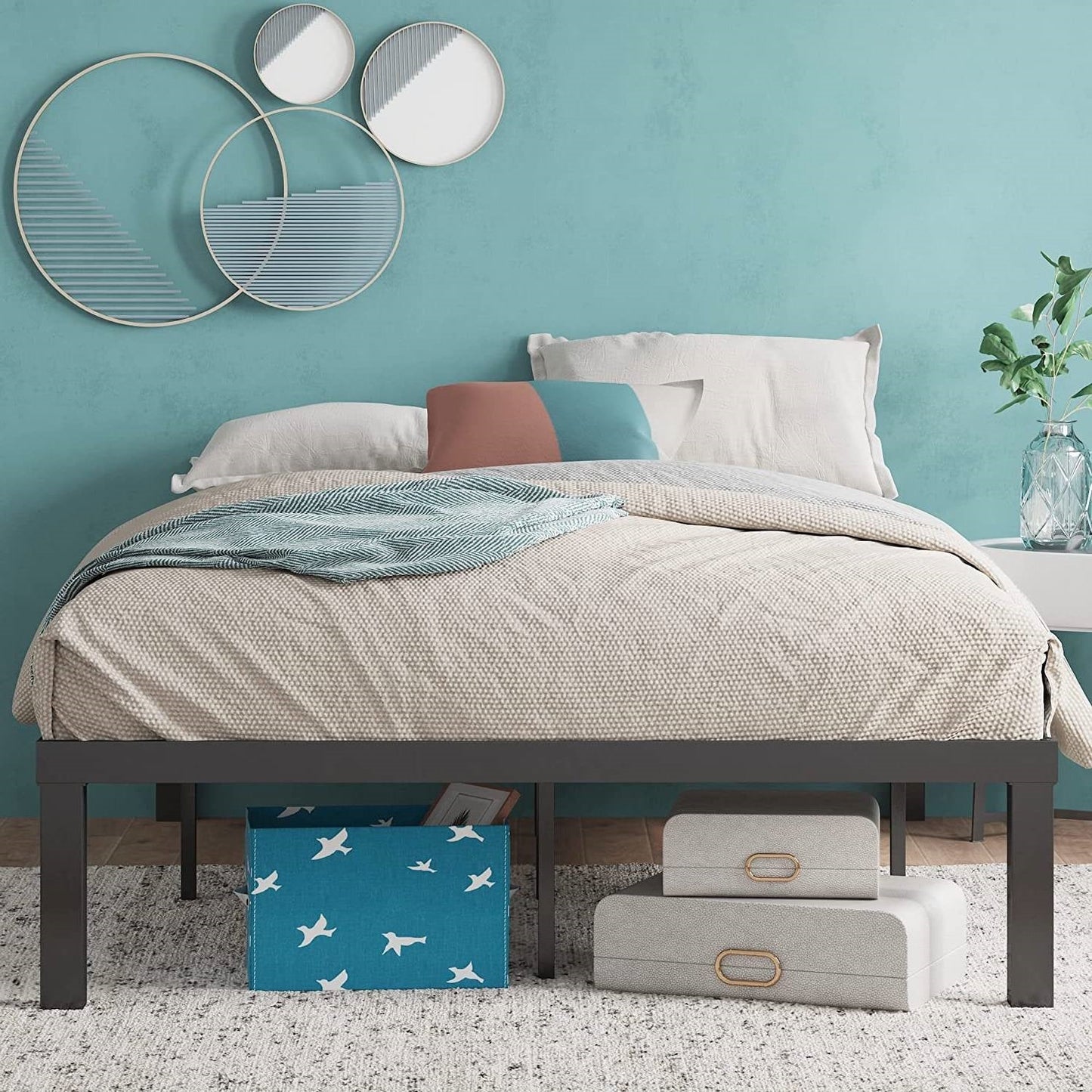 Base de cama de plataforma de metal de acero resistente de 16 pulgadas moderna de tamaño matrimonial