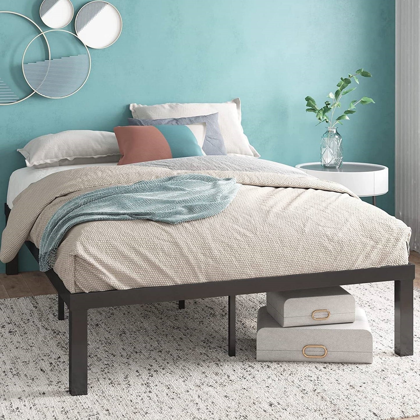 Base de cama de plataforma de metal de acero resistente de 16 pulgadas moderna de tamaño matrimonial