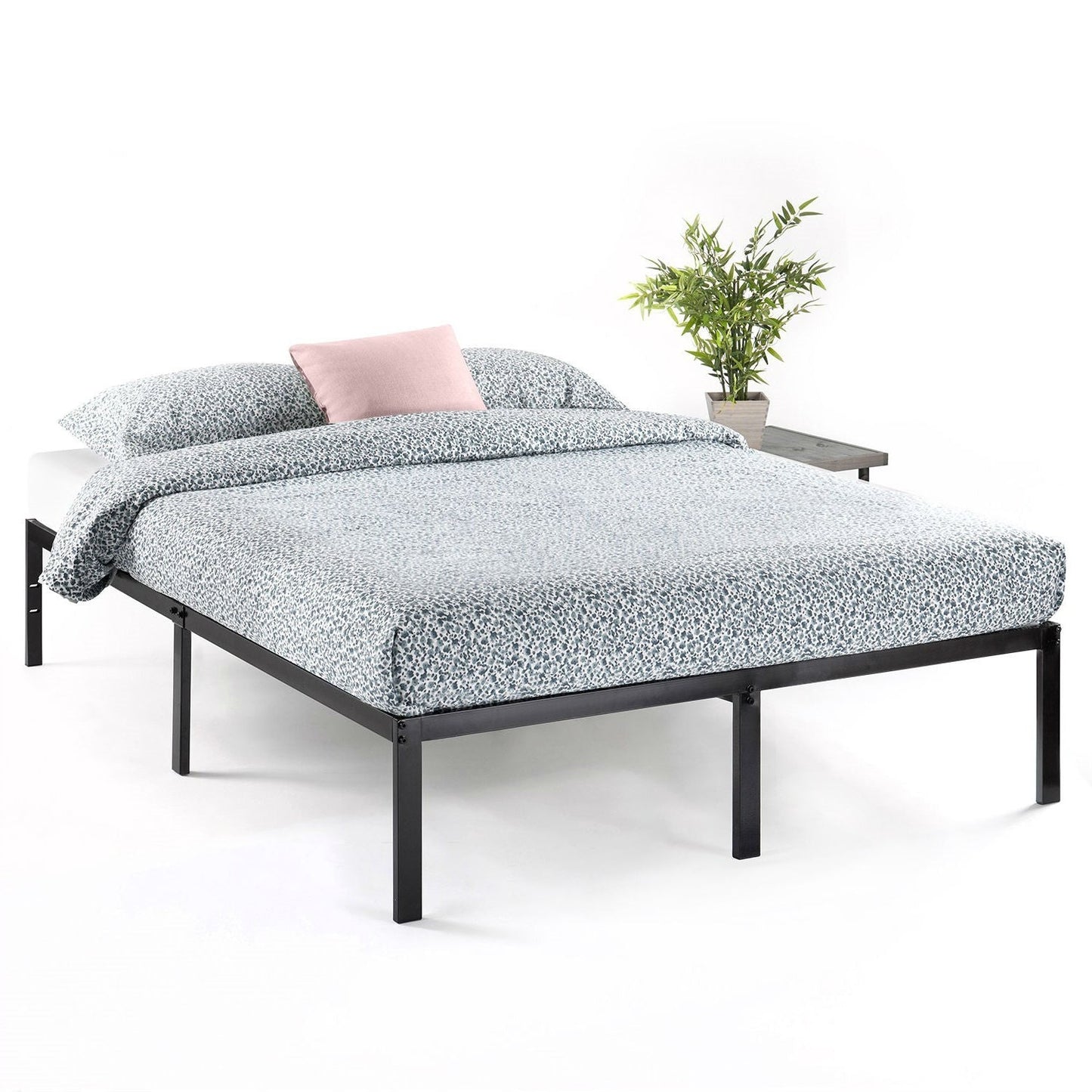 Base de cama de plataforma de metal negro de tamaño completo con ranuras para fijación de cabecera