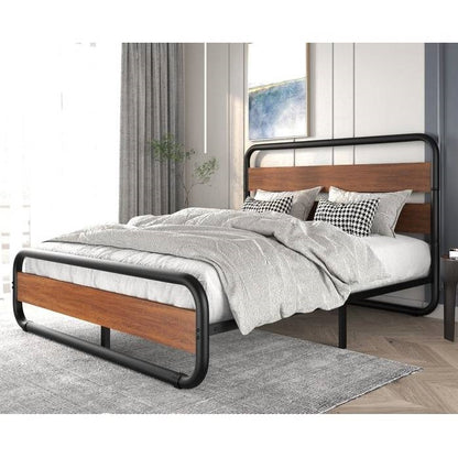 Estructura de cama de plataforma de metal y madera, moderna, industrial, de alta resistencia con cabecero