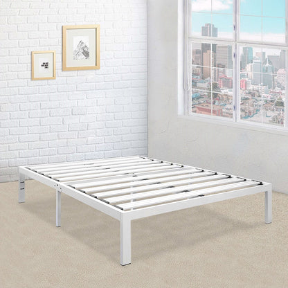 Base de cama de plataforma metálica resistente tamaño matrimonial en blanco
