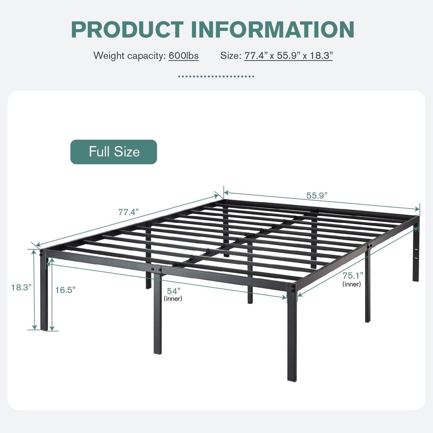 Base de cama de plataforma de metal de 18 pulgadas con espacio de almacenamiento debajo