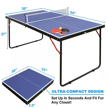 Juego de mesa de ping-pong plegable azul de 54 pulgadas con red y 2 paletas