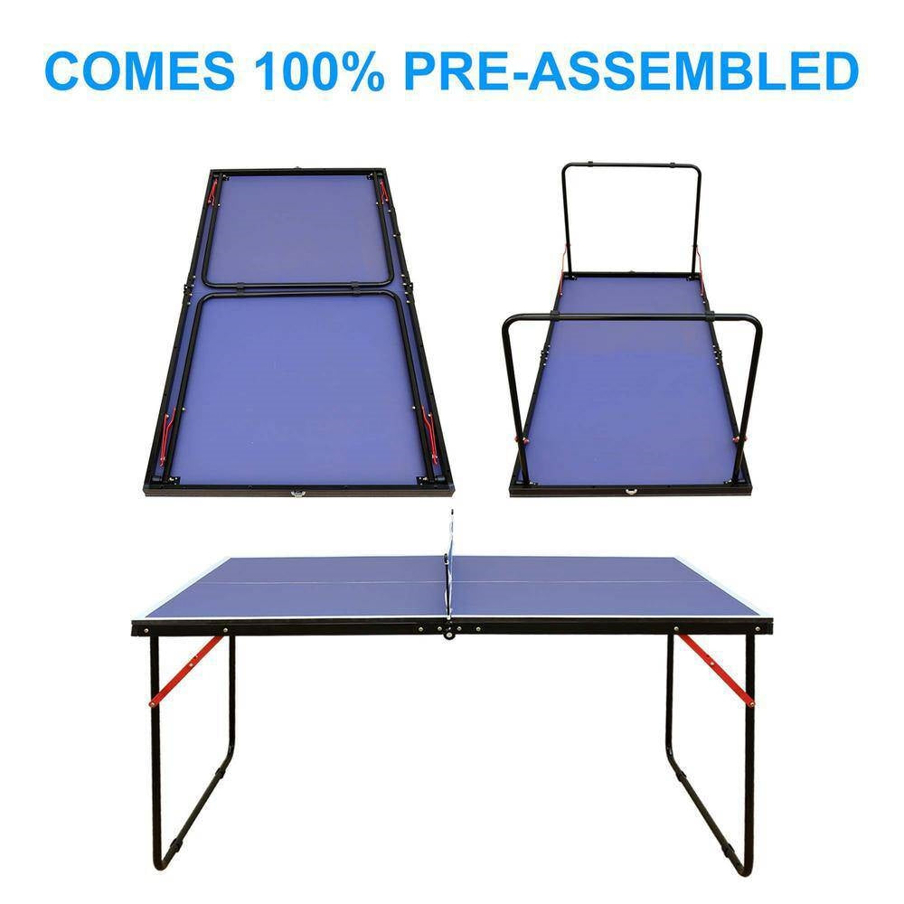 Juego de mesa de ping-pong plegable azul de 54 pulgadas con red y 2 paletas