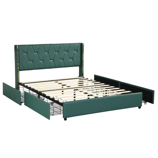 Cabecero de lino verde/dorado de tamaño completo con plataforma de almacenamiento de 4 cajones