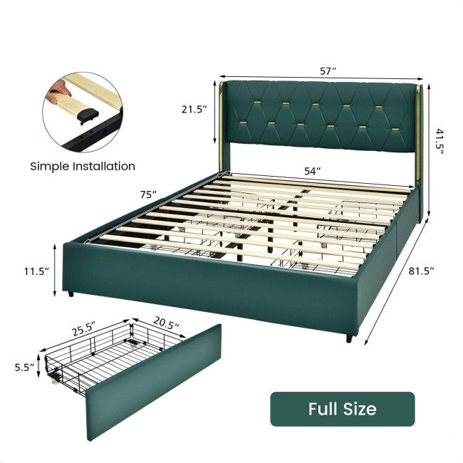 Cabecero de lino verde/dorado de tamaño completo con plataforma de almacenamiento de 4 cajones
