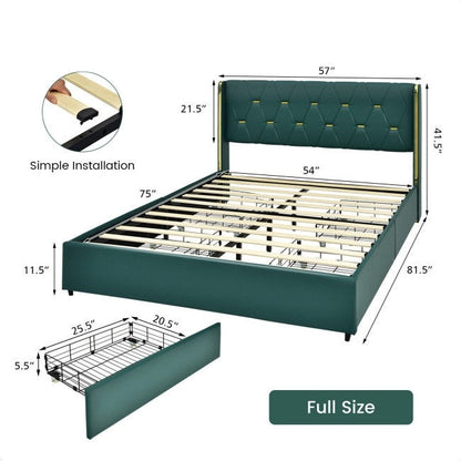 Cabecero de lino verde/dorado de tamaño completo con plataforma de almacenamiento de 4 cajones