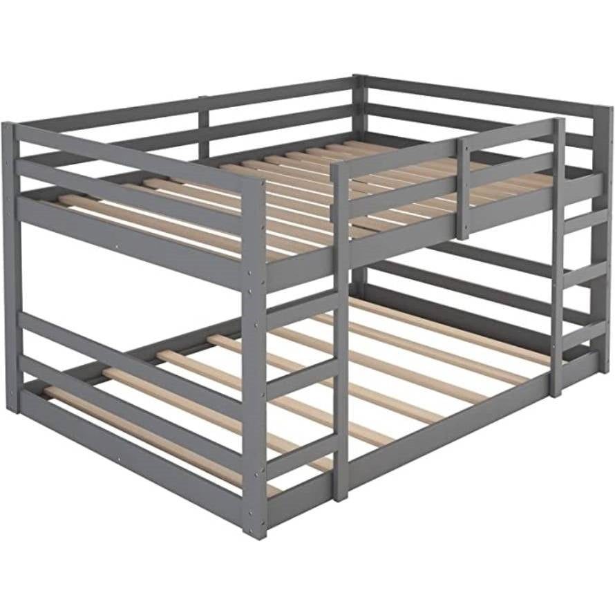 Litera moderna de perfil bajo de dos plazas con acabado de madera gris