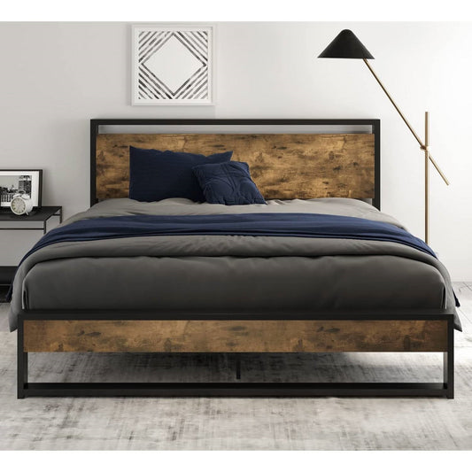 Full size Metal Wood Platform Bed Frame with Industrial Headboard - Tampa Home & Garden Store