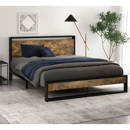 Marco de cama de plataforma de metal y madera de tamaño completo con cabecero industrial