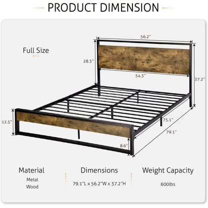 Marco de cama de plataforma de metal y madera de tamaño completo con cabecero industrial