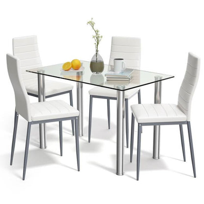 Moderno juego de comedor de 5 piezas con mesa de cristal y 4 sillas de cuero de PVC blanco