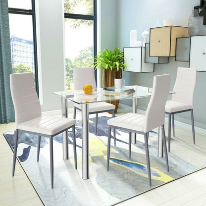 Moderno juego de comedor de 5 piezas con mesa de cristal y 4 sillas de cuero de PVC blanco