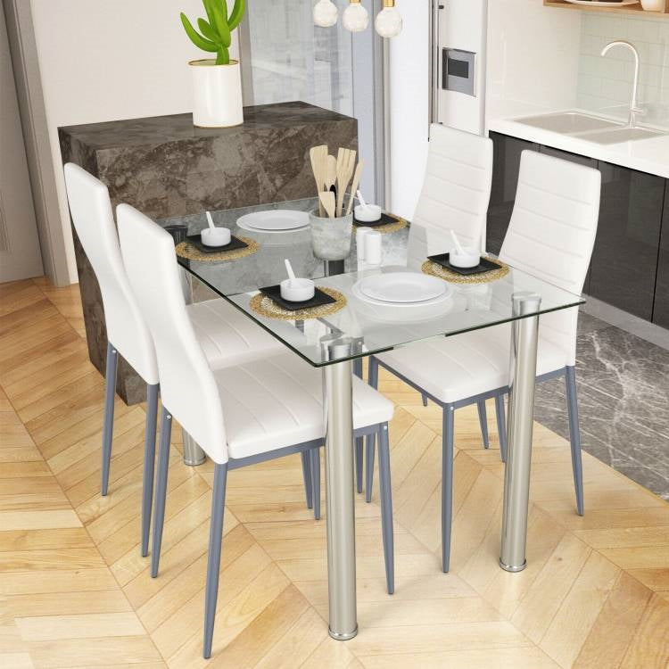 Moderno juego de comedor de 5 piezas con mesa de cristal y 4 sillas de cuero de PVC blanco