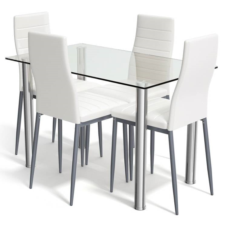 Moderno juego de comedor de 5 piezas con mesa de cristal y 4 sillas de cuero de PVC blanco