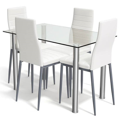 Moderno juego de comedor de 5 piezas con mesa de cristal y 4 sillas de cuero de PVC blanco