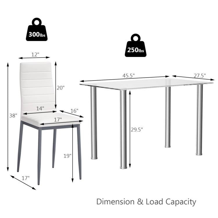 Moderno juego de comedor de 5 piezas con mesa de cristal y 4 sillas de cuero de PVC blanco