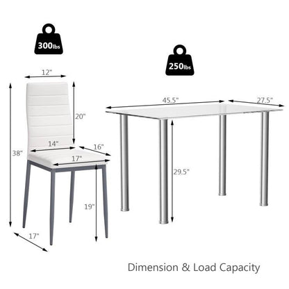 Moderno juego de comedor de 5 piezas con mesa de cristal y 4 sillas de cuero de PVC blanco