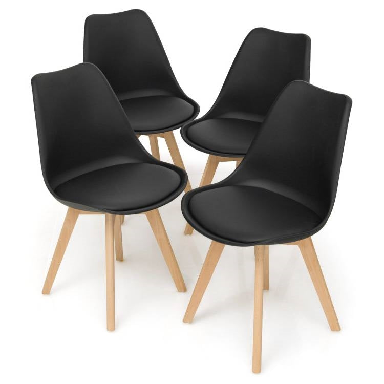 Juego de 4 sillas de comedor de cuero sintético negro con patas de madera, estilo moderno de mediados de siglo