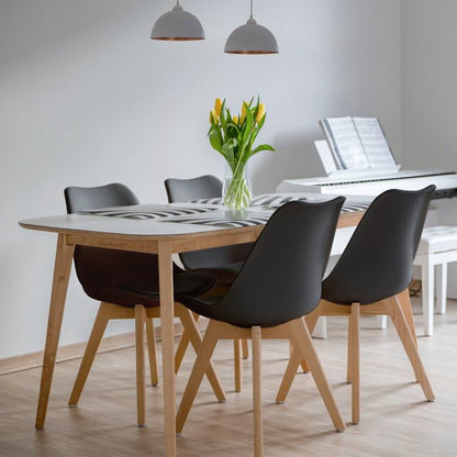 Juego de 4 sillas de comedor de cuero sintético negro con patas de madera, estilo moderno de mediados de siglo