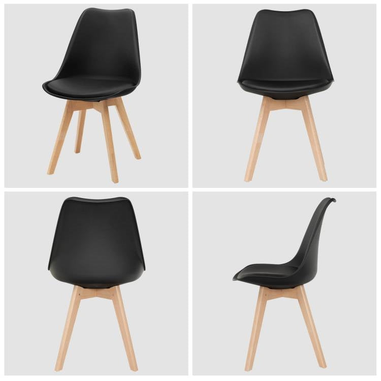Juego de 4 sillas de comedor de cuero sintético negro con patas de madera, estilo moderno de mediados de siglo