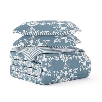 Juego de edredón floral y de rayas reversible de 3 piezas azul y blanco, tamaño Full/Queen
