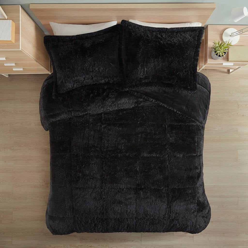 Juego de edredón de 3 piezas de sherpa suave de piel sintética negro, tamaño matrimonial/queen, con fundas de almohada