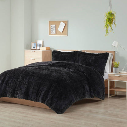 Juego de edredón de 3 piezas de sherpa suave de piel sintética negro, tamaño matrimonial/queen, con fundas de almohada
