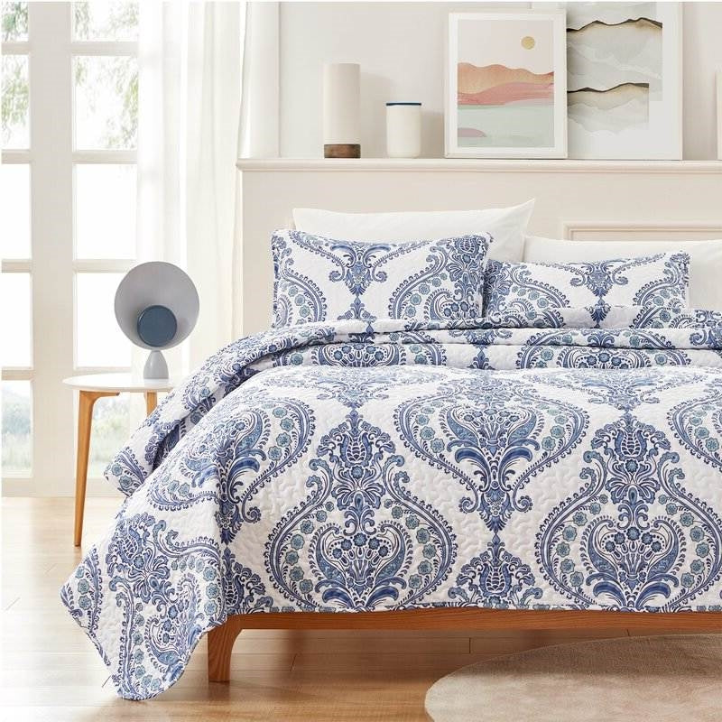 Juego de edredón de microfibra suave reversible azul/blanco con diseño barroco tamaño matrimonial/queen
