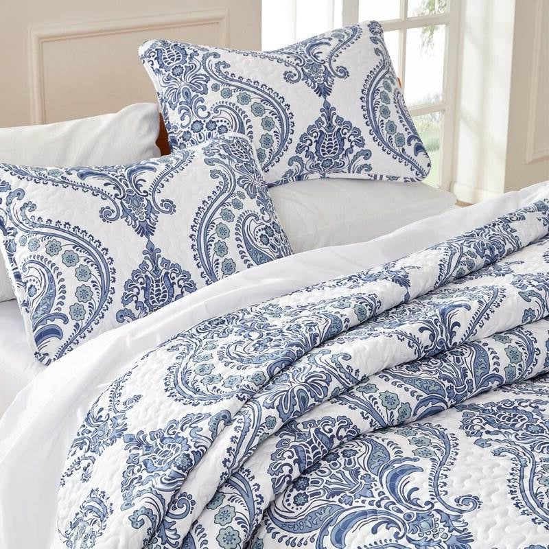 Juego de edredón de microfibra suave reversible azul/blanco con diseño barroco tamaño matrimonial/queen