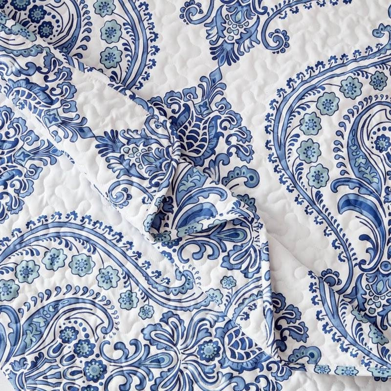 Juego de edredón de microfibra suave reversible azul/blanco con diseño barroco tamaño matrimonial/queen