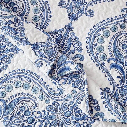 Juego de edredón de microfibra suave reversible azul/blanco con diseño barroco tamaño matrimonial/queen