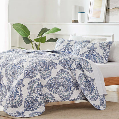 Juego de edredón de microfibra suave reversible azul/blanco con diseño barroco tamaño matrimonial/queen
