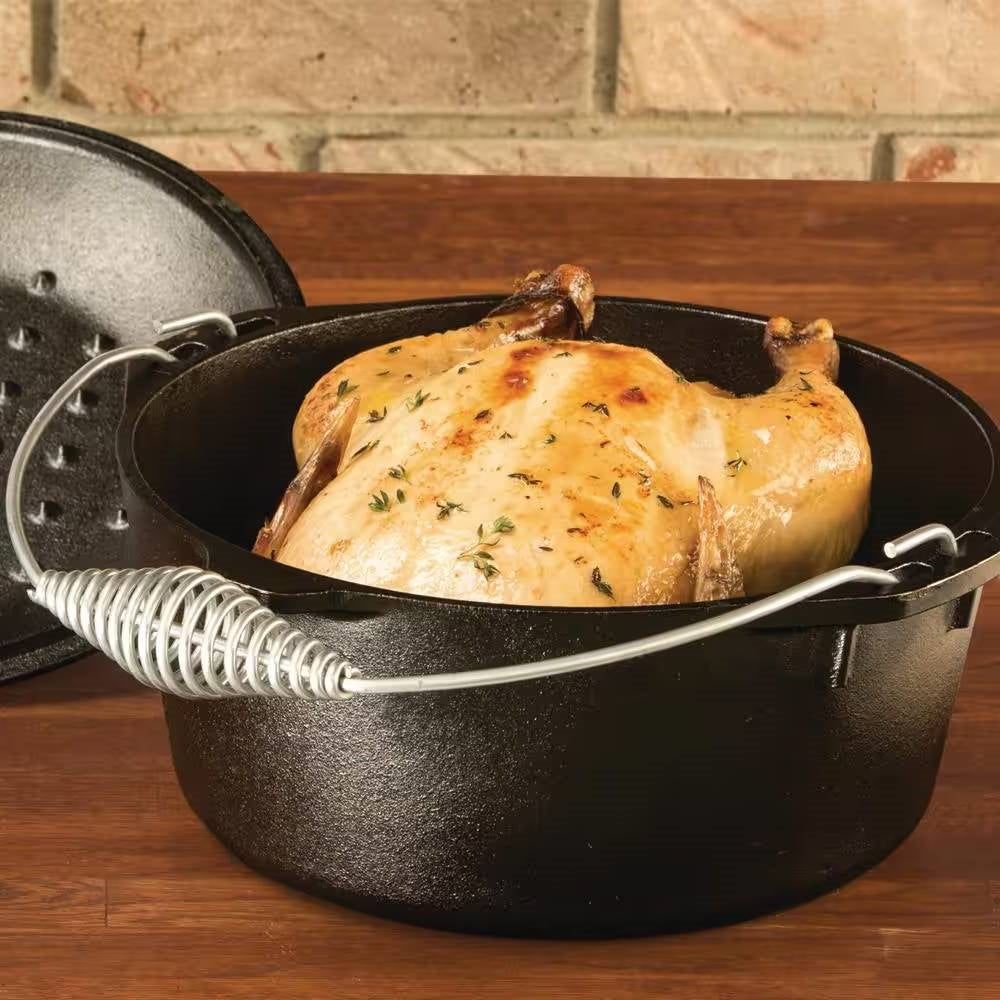 Horno holandés de hierro fundido sazonado de 5 cuartos con tapa y asa de alambre en espiral
