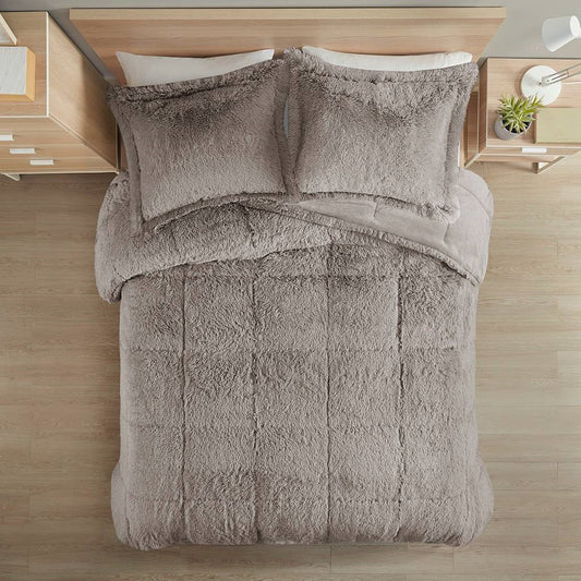 Full/Queen Grey Soft Sherpa Faux Fur 3-Piece Comforter Set with Pillow Shams - Tampa Home & Garden Store