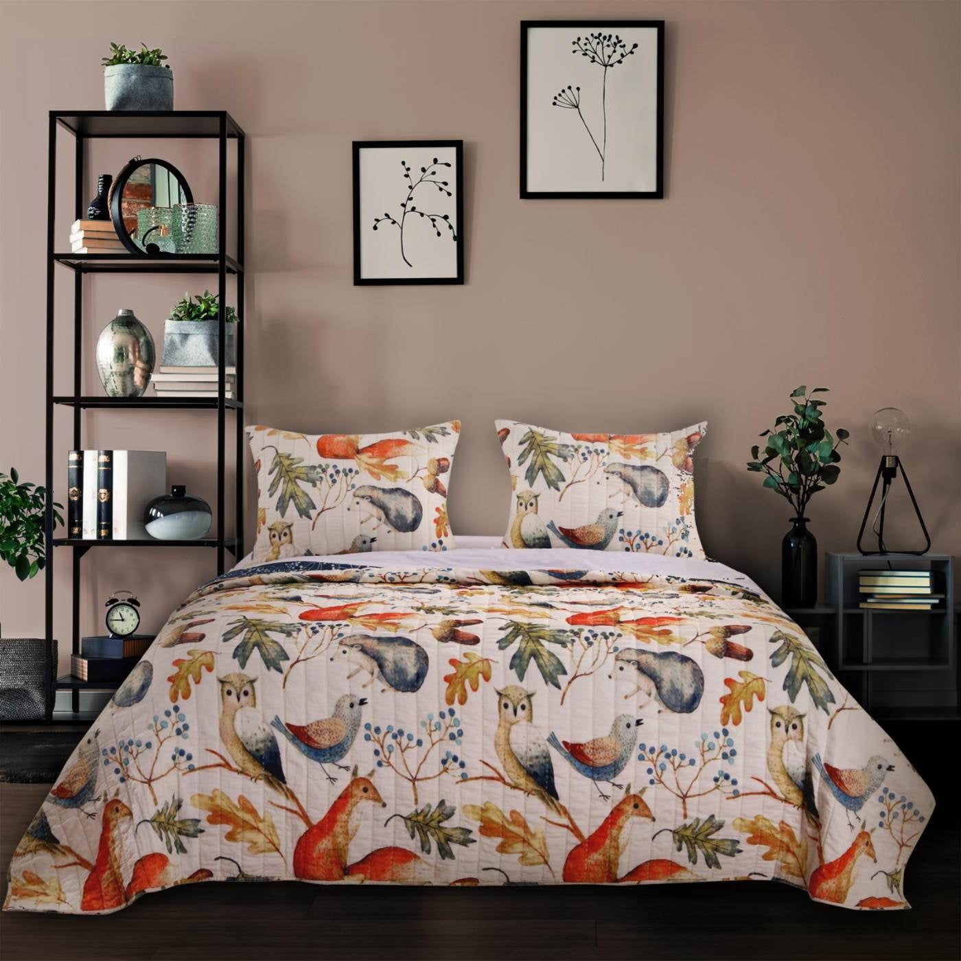 Juego de edredón reversible de microfibra de tamaño matrimonial/queen con diseño floral de pájaros y animales en azul y beige