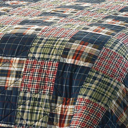 Juego de colcha reversible de algodón 100 % a cuadros rojos y azul marino estilo rústico, tamaño Full/Queen