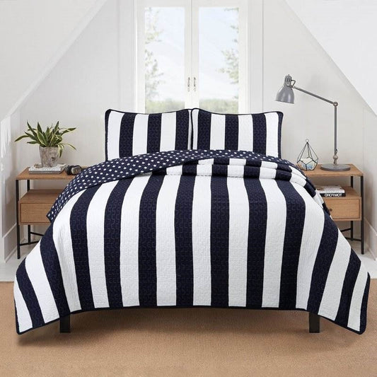 Full/Queen 3 Piece Navy Blue White Stars Stripes 100-Percent Cotton Quilt Set - Tampa Home & Garden Store