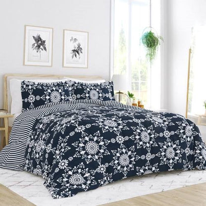 Juego de edredón de 3 piezas tamaño Full/Queen con estampado floral y rayas reversibles en azul marino y blanco