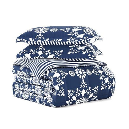 Juego de edredón de 3 piezas tamaño Full/Queen con estampado floral y rayas reversibles en azul marino y blanco