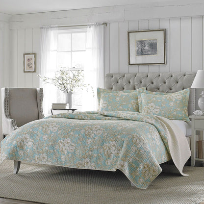 Juego de colcha de algodón de 3 piezas Full / Queen con estampado floral azul verdoso y beige