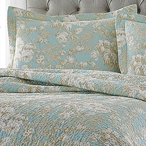 Juego de colcha de algodón de 3 piezas Full / Queen con estampado floral azul verdoso y beige
