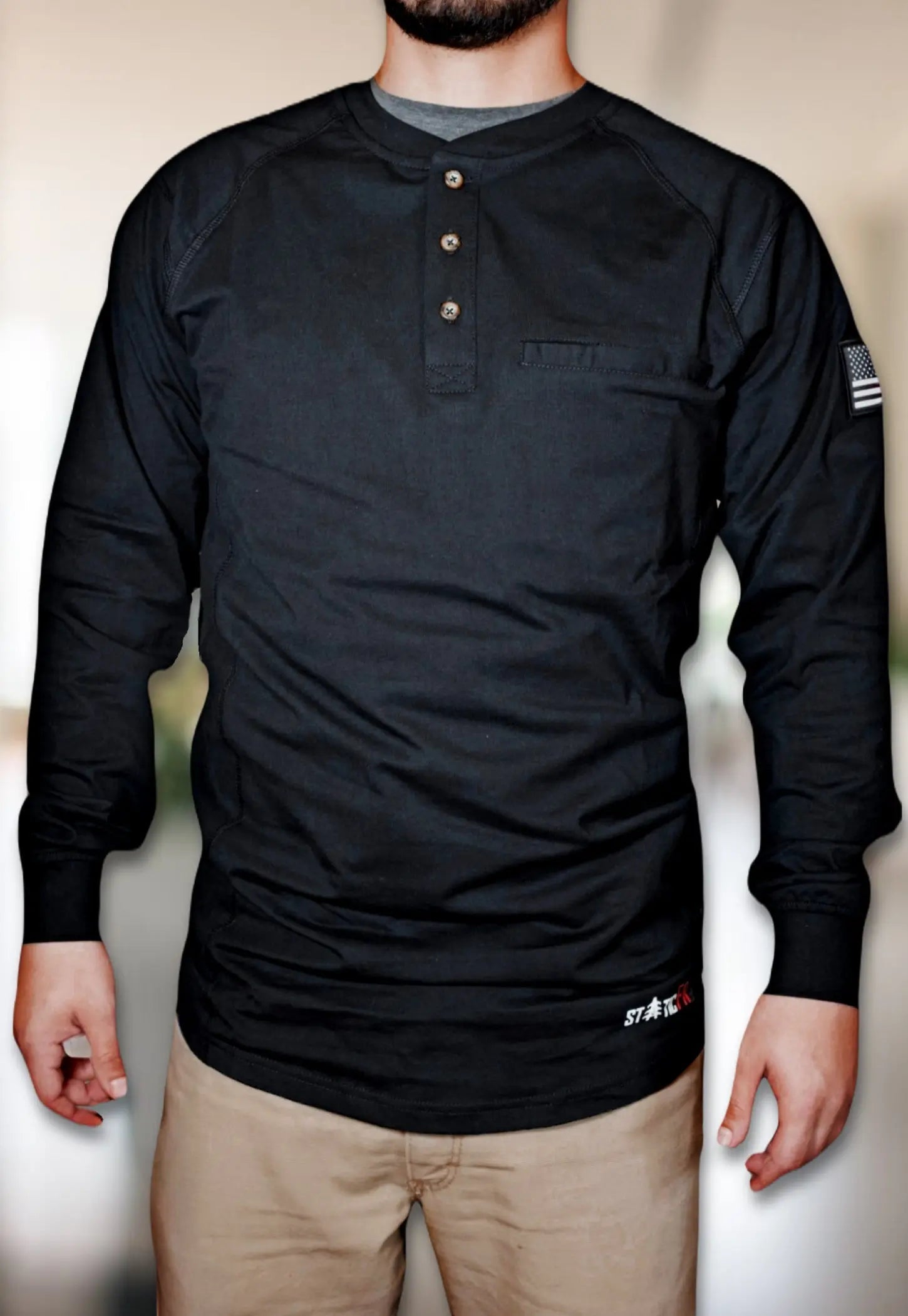 Static FR 3-Button Henley Shirt in black with wooden buttons and chest pocket on Tampa Home & Garden Store